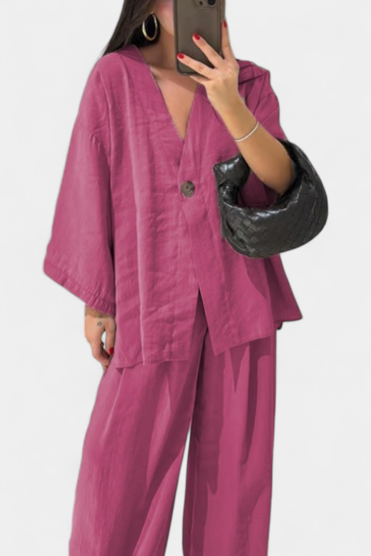 Eli Oversize Sada Top s Výstřihem do V a Rovné Kalhoty