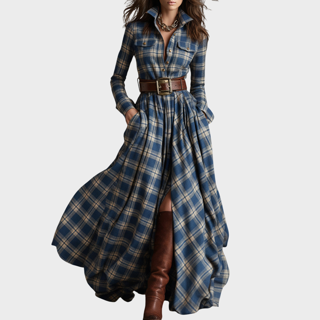 Maxi etnické retro šaty – design hnědých kostek s klasickým límcem