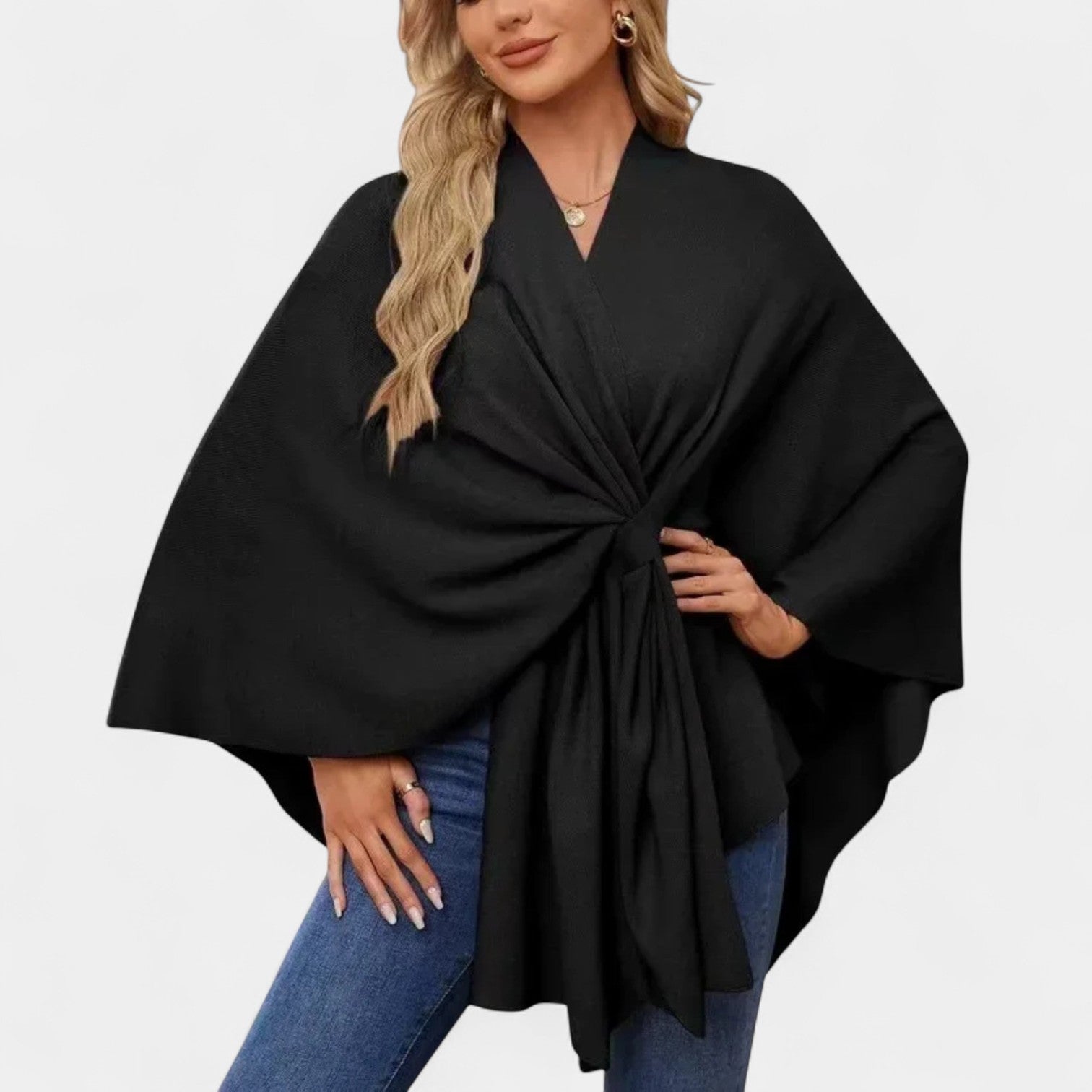 Daniela – Elegantní pončo s jemným spadením a mašlí
