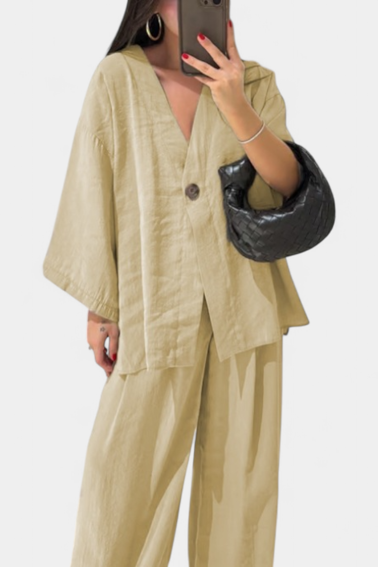 Eli Oversize Sada Top s Výstřihem do V a Rovné Kalhoty