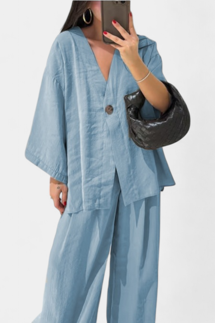 Eli Oversize Sada Top s Výstřihem do V a Rovné Kalhoty